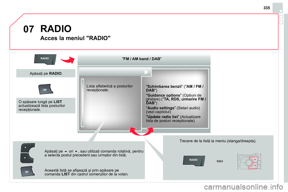 CITROEN DS4 2014  Ghiduri De Utilizare (in Romanian) 07
335
  RADIO 
 
 
 
 
 
 
 
Acces la meniul "RADIO" 
 
 
 
" FM / AM band / DAB 
"  
   
" Schimbarea benzii 
" (" AM / FM / 
DAB 
") 
  " Guidance options 
" (Optiuni de 
ghidare) (" TA, RDS, urmar