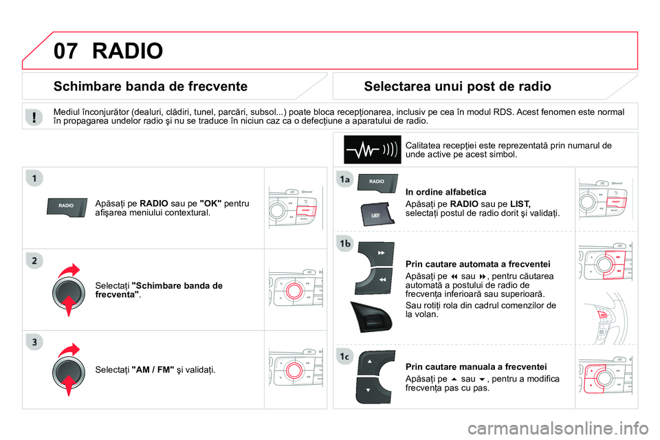 CITROEN DS4 2014  Ghiduri De Utilizare (in Romanian) 07  RADIO 
 
 
In ordine alfabetica 
  Apăsaţi pe  RADIO 
 sau pe  LIST, 
 
selectaţi postul de radio dorit şi validaţi.  
   
Prin cautare automata a frecventei 
  Apăsaţi pe   
 sau   
