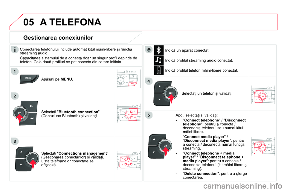 CITROEN DS4 2014 Ghiduri De Utilizare (in Romanian)
05 A TELEFONA
Conectarea telefonului include automat kitul mâini-libere şi functia
streaming audio.
Capacitatea sistemului de a conecta doar un singur profi l depinde de
telefon. Cel CITROEN DS4 2014 Ghiduri De Utilizare (in Romanian)
05 A TELEFONA
Conectarea telefonului include automat kitul mâini-libere şi functia
streaming audio.
Capacitatea sistemului de a conecta doar un singur profi l depinde de
telefon. Cel
