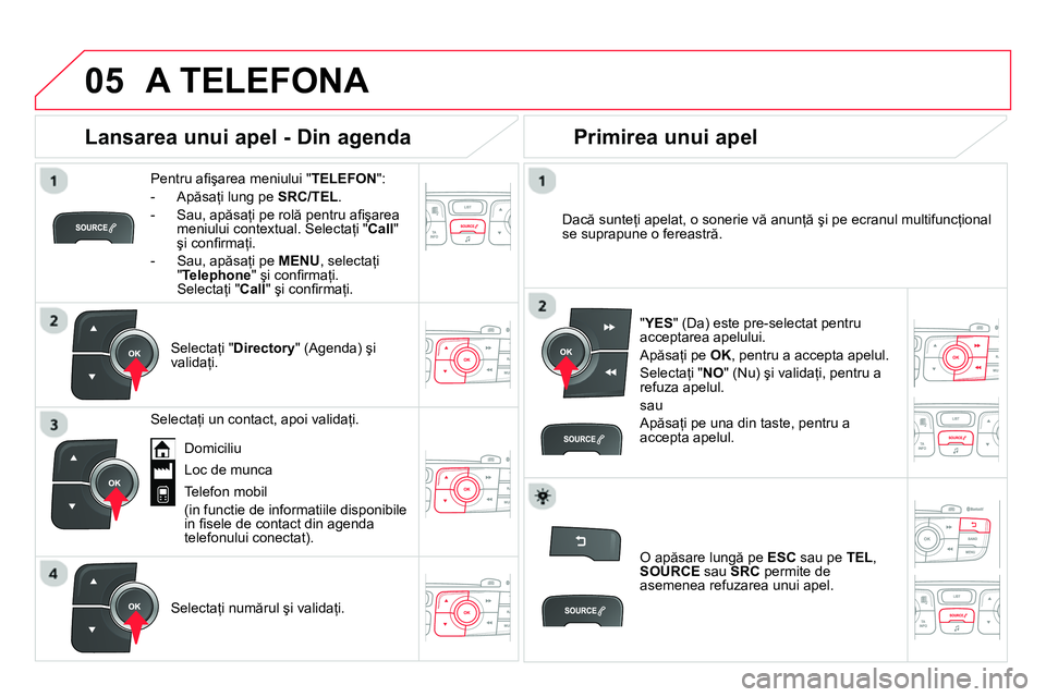 CITROEN DS4 2014  Ghiduri De Utilizare (in Romanian)  
  
05  A TELEFONA 
 
 
Pentru aﬁ şarea meniului " TELEFON 
": 
   
 
-  Apăsaţi lung pe  SRC/TEL 
. 
   
-  Sau, apăsaţi pe rolă pentru aﬁ şarea 
meniului contextual. Selectaţi " Call 
"