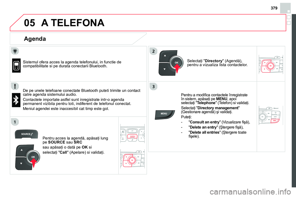 CITROEN DS4 2014  Ghiduri De Utilizare (in Romanian) 379
 
  
05  A TELEFONA 
 
 
Agenda 
 
 
 
Sistemul ofera acces la agenda telefonului, in functie de 
compatibilitate si pe durata conectarii Bluetooth.  
   
De pe unele telefoane conectate Bluetooth