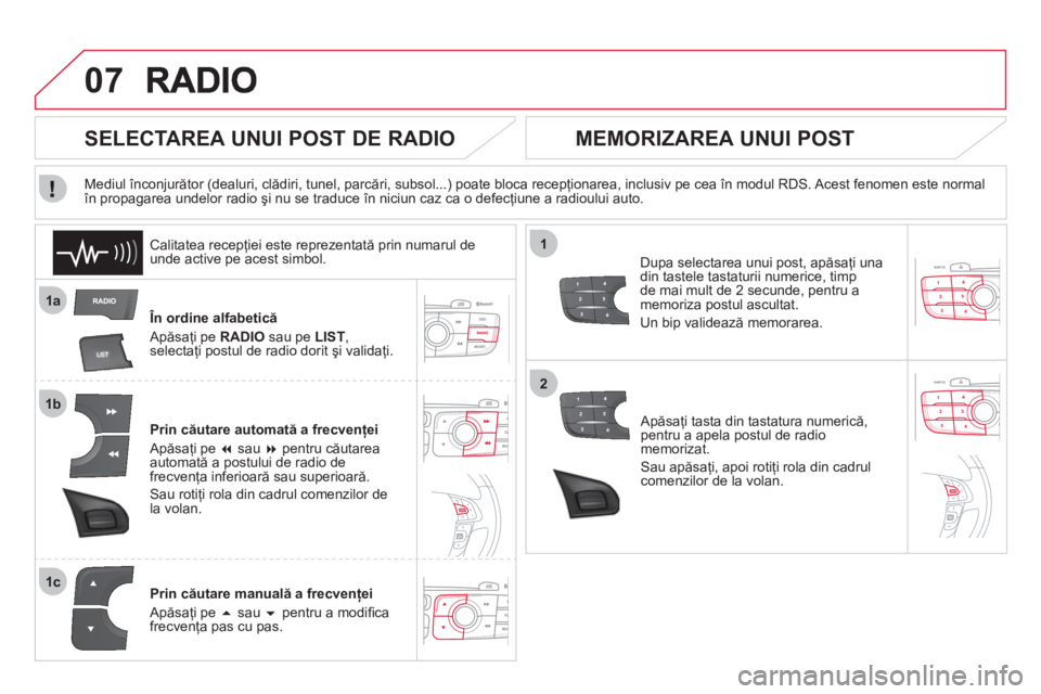 CITROEN DS4 2013  Ghiduri De Utilizare (in Romanian) 07
1a
1b
1c
1
2
   În ordine alfabetică
  Apăsa
ţi pe RADIO 
 sau pe LIST, 
 
selectaţi postul de radio dorit şi validaţi.  
Prin căutare automată a frecvenţei 
  Apăsa
ţi pe � 
 sau � 
