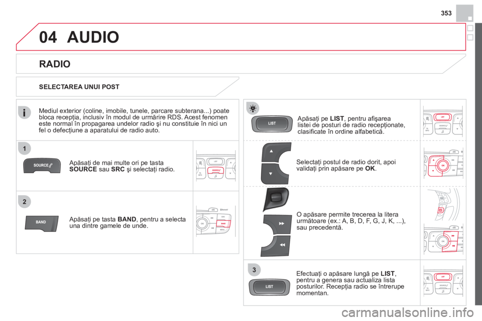 CITROEN DS4 2013  Ghiduri De Utilizare (in Romanian) 353
1
2
3
04AUDIO 
   
Apăsaţi de mai multe ori pe tasta 
SOURCEsau  SRC 
 şi selectaţi radio.  
   
Apăsaţi pe tasta BAND, 
 pentru a selecta una dintre gamele de unde.     
Apăsa
ţi pe LIST 