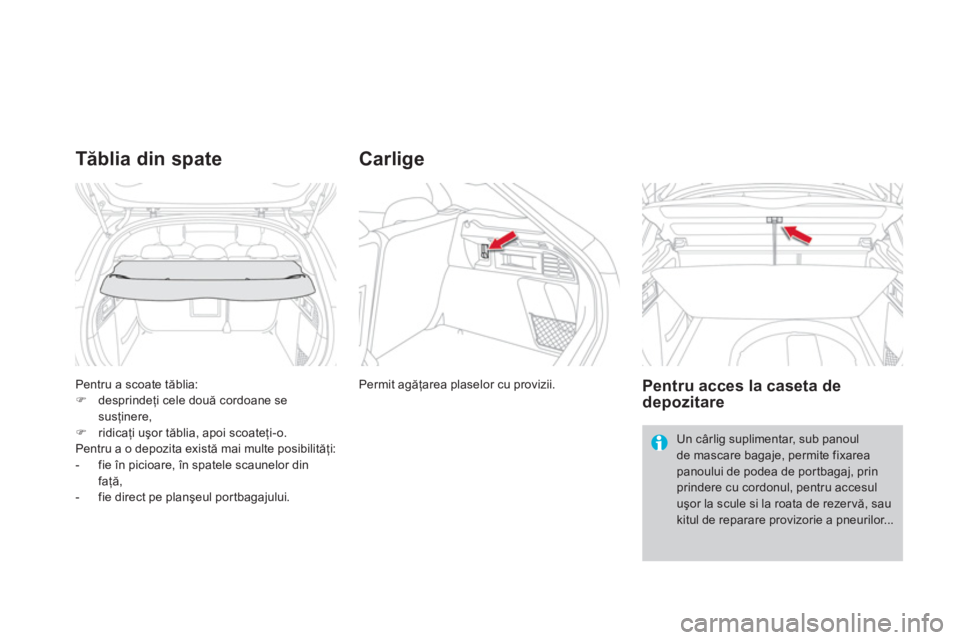 CITROEN DS4 2011  Ghiduri De Utilizare (in Romanian) Pentru a scoate tăblia: �)desprindeţi cele două cordoane se
susţinere, �)ridicaţi uşor tăblia, apoi scoateţi-o.  
Pentru a o depozita există mai multe posibilităţi: 
-   fie în picioare, 