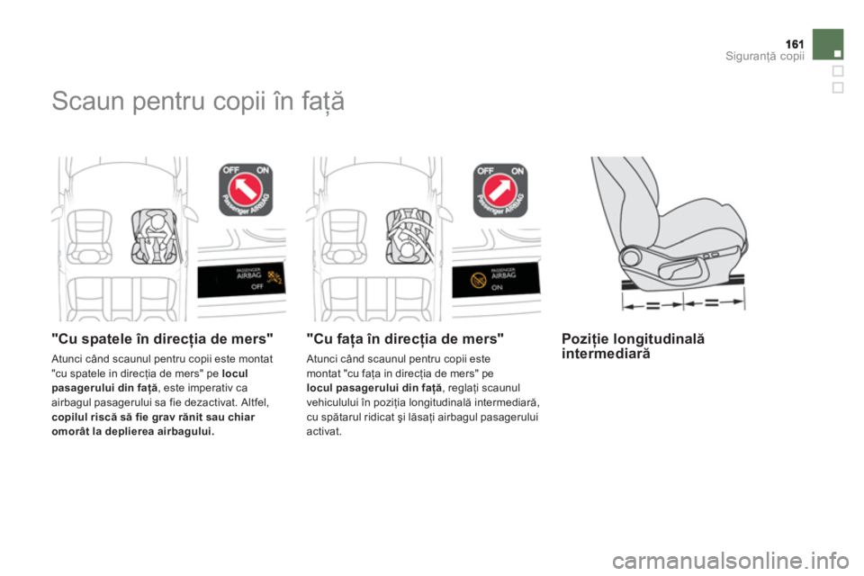 CITROEN DS4 2011  Ghiduri De Utilizare (in Romanian) Siguranţă copii
 
Scaun pentru copii în faţă 
 
 
 
"Cu spatele în direcţia de mers" 
 Atunci când scaunul pentru copii este montat
"cu spatele in direcţia de mers" pe loculpasagerului din fa