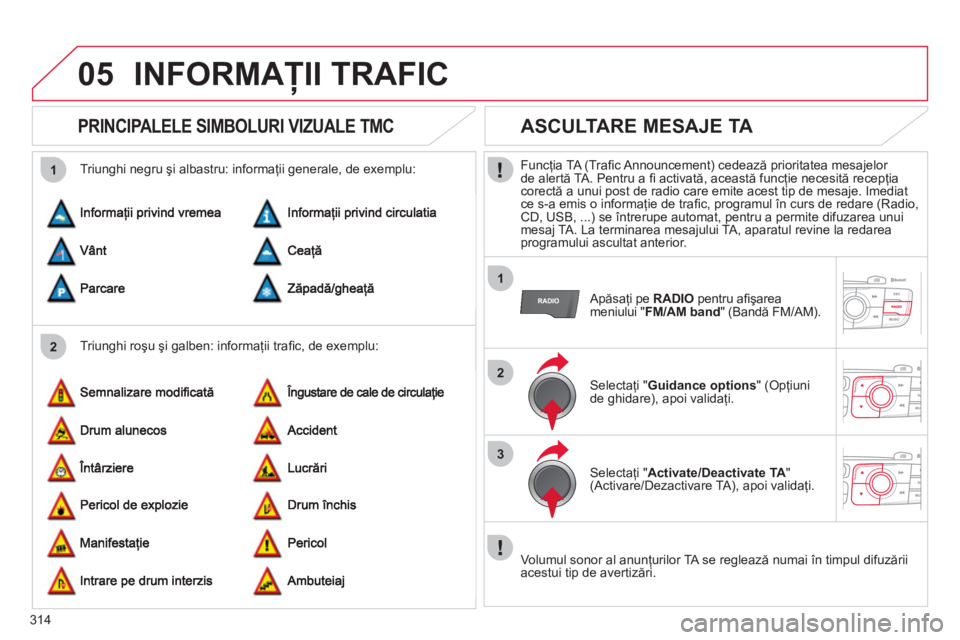 CITROEN DS4 2011  Ghiduri De Utilizare (in Romanian) 314
05
2 1
1
2
3
INFORMAŢII TRAFIC 
 
 
 
 
 
 
 
PRINCIPALELE SIMBOLURI VIZUALE TMC 
 
 
Triunghi roşu şi galben: informaţii traﬁ c, de exemplu:    
Triunghi negru şi albastru: informa
ţii ge