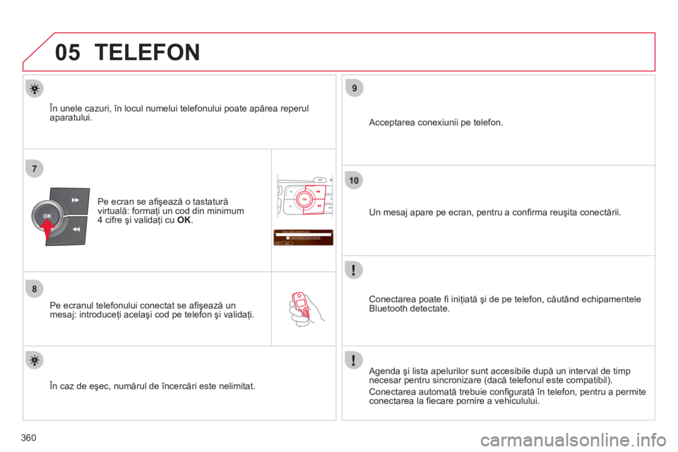 CITROEN DS4 2011 Ghiduri De Utilizare (in Romanian) 360
05
7
8
Saisir code authentification
01
OK Del23456789 _
9
10
TELEFON
Pe ecran se afi şează o tastatură
virtuală: formaţi un cod din minimum
4 cifre şi validaţi cu OK .
Pe ecranul t CITROEN DS4 2011 Ghiduri De Utilizare (in Romanian) 360
05
7
8
Saisir code authentification
01
OK Del23456789 _
9
10
TELEFON
Pe ecran se afi şează o tastatură
virtuală: formaţi un cod din minimum
4 cifre şi validaţi cu OK .
Pe ecranul t