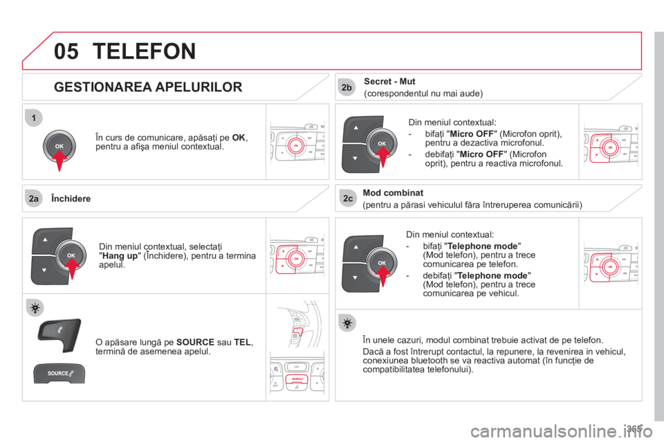 CITROEN DS4 2011  Ghiduri De Utilizare (in Romanian) 365
 
1
2a2c
2b
05TELEFON 
   În curs de comunicare, apăsaţi pe OK, 
pentru a aﬁ şa meniul contextual.
   
Închidere
   
Din meniul contextual:
   
-  bi
faţi " Telephone mode 
" (Mod telefon)
