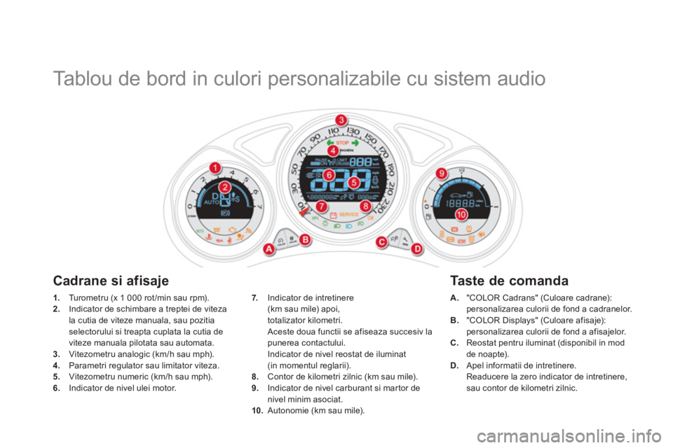 CITROEN DS4 2011  Ghiduri De Utilizare (in Romanian)    
 
 
 
 
 
 
 
 
 
 
 
 
 
 
 
 
Tablou de bord in culori personalizabile cu sistem audio 
1. 
 Tu r o m e t r u  (x 1 000 rot /min sau rpm). 2. 
 Indicator de schimbare a treptei de viteza la cuti