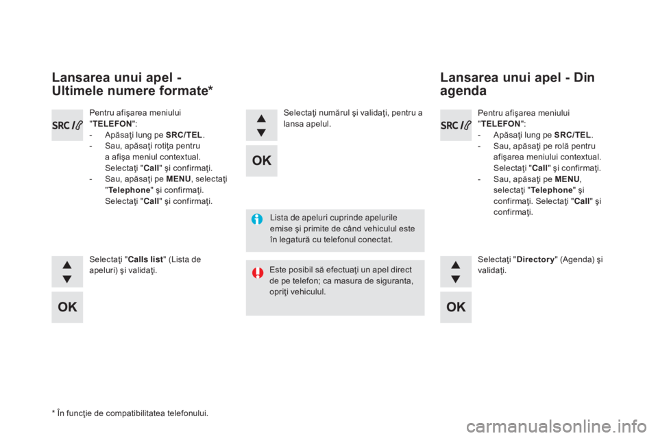 CITROEN DS5 2016  Ghiduri De Utilizare (in Romanian) DS5_ro_Chap11d_RD5_ed02-2015
Lista de apeluri cuprinde apelurile 
emise şi primite de când vehiculul este 
în legatură cu telefonul conectat.
Este posibil să efectuaţi un apel direct 
de pe tele