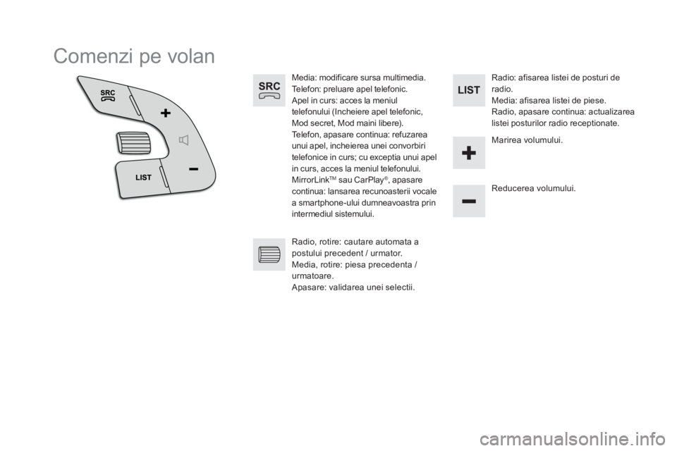 CITROEN DS5 2016  Ghiduri De Utilizare (in Romanian)   Comenzi pe volan 
 
 
 
 
 
 
 
 
Media: modificare sursa multimedia. 
  Telefon: preluare apel telefonic. 
  Apel in curs: acces la meniul 
telefonului (Incheiere apel telefonic, 
Mod secret, Mod m