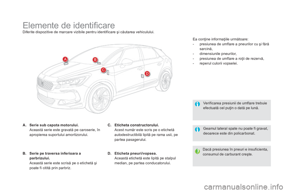 CITROEN DS5 2015 Ghiduri De Utilizare (in Romanian) DS5_ro_Chap10_caracteristiques_ed01-2015
Elemente de identificareDiferite dispozitive de marcare vizibile pentru identificare şi căutarea vehiculului.
A.
S
erie sub capota motorului.
A
ceastă s CITROEN DS5 2015 Ghiduri De Utilizare (in Romanian) DS5_ro_Chap10_caracteristiques_ed01-2015
Elemente de identificareDiferite dispozitive de marcare vizibile pentru identificare şi căutarea vehiculului.
A.
S
erie sub capota motorului.
A
ceastă s