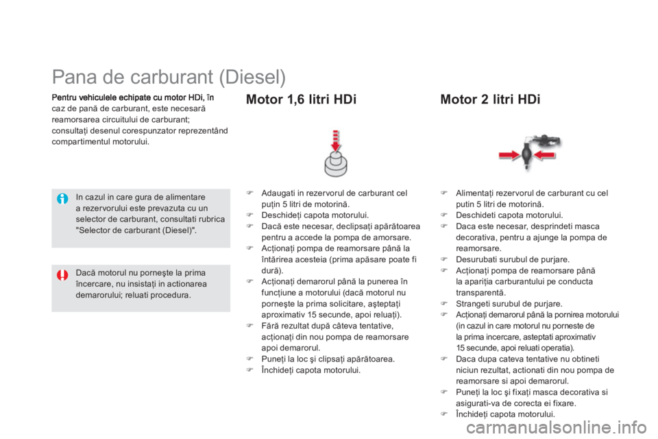 CITROEN DS5 2013  Ghiduri De Utilizare (in Romanian) caz de pană de carburant, este necesarăreamorsarea circuitului de carburant;consultaţi desenul corespunzator reprezent