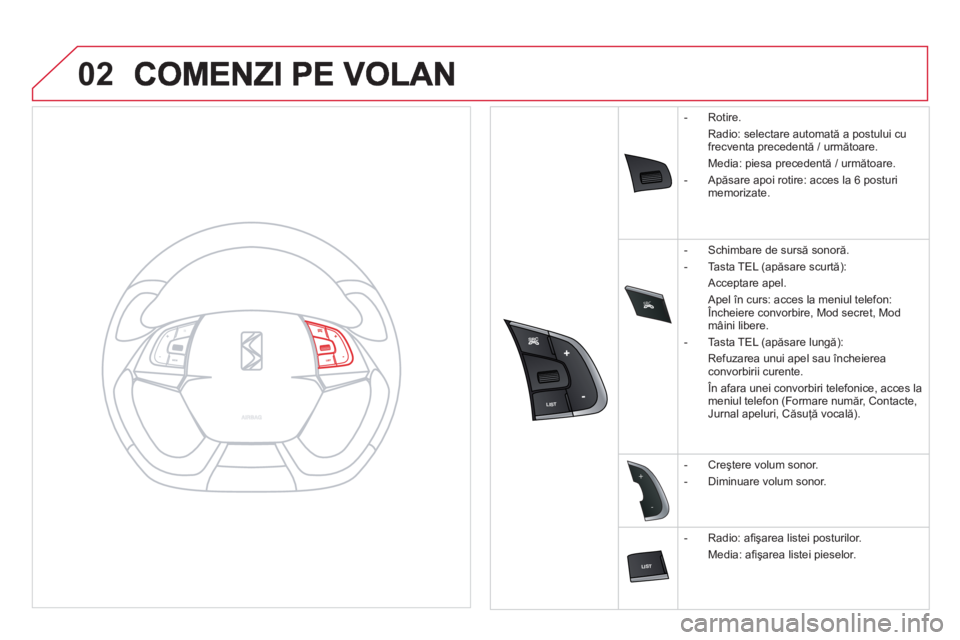 CITROEN DS5 2013  Ghiduri De Utilizare (in Romanian) SRC

02


-
+
   
 
-  Rotire.  
  Radio: selectare automată a postului cu
frecventa precedentă / următoare.
  Media: piesa precedentă 
/ următoare. 
   
- 
