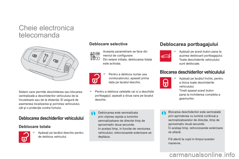 CITROEN DS5 2013  Ghiduri De Utilizare (in Romanian)    
 
 
 
 
 
 
 
 
 
 
 
 
 
 
 
 
Cheie electronica  
telecomanda 
Deblocarea deschiderilor vehiculului 
Deblocare totala   
Deblocare selectiva Deblocarea portbagajului
Sistem care permite deschide