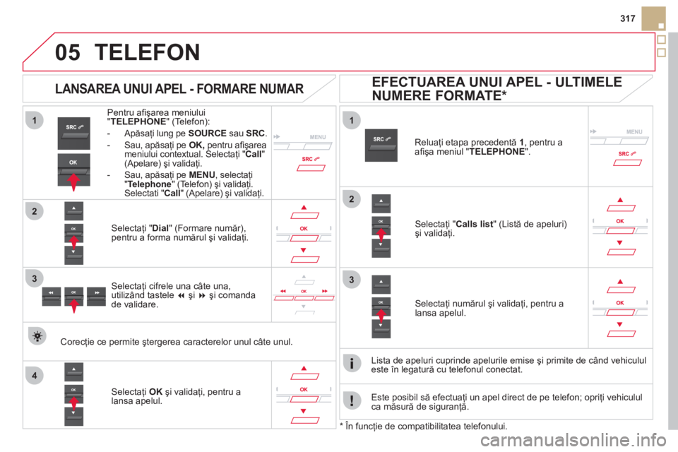 CITROEN DS5 2012  Ghiduri De Utilizare (in Romanian)  
  
1
2
1
4
2
33
05
317
TELEFON 
Pentru aﬁ şarea meniului
"TELEPHONE" (Telefon): 
-  Apăsa
ţi lung pe  SOURCEsau SRC.
-  Sau, apăsaţi pe  OK, 
 pentru aﬁ şareameniului contextual. Selectaţ