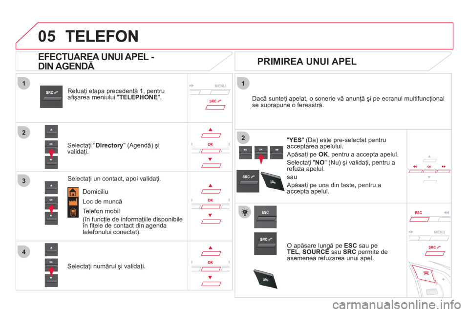 CITROEN DS5 2012  Ghiduri De Utilizare (in Romanian)  
  
1
2
1
4
2
3
05
SR
C
SR
C
Reluaţi etapa precedentă  1 
, pentru aﬁ şarea meniului " TELEPHONE".
 
 Selectaţi "Directory" (Agendă) şi 
validaţi.   
Dacă sunte
ţi apelat, o sonerie vă an