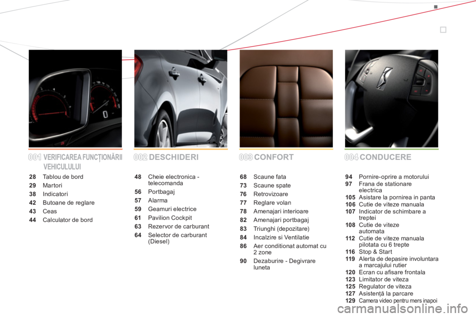 CITROEN DS5 2012  Ghiduri De Utilizare (in Romanian) 001001002002003003004004 CONFORT DESCHIDERIVERIFICAREA FUNCŢIONĂRII 
VEHICULULUICONDUCERE
28 Tablou de bord
29 Martori
38 Indicatori
42 Butoane de reglare
43 Ceas
44Calculator de bord
48Cheie electr