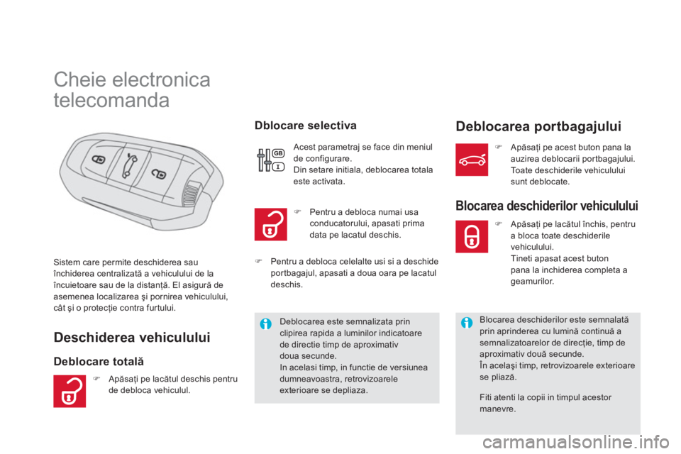 CITROEN DS5 2012  Ghiduri De Utilizare (in Romanian)    
 
 
 
 
 
 
 
 
 
 
 
 
 
 
 
 
Cheie electronica  
telecomanda 
Deschiderea vehiculului
Deblocare totală   
Dblocare selectiva Deblocarea portbagajului
Sistem care permite deschiderea sau închi