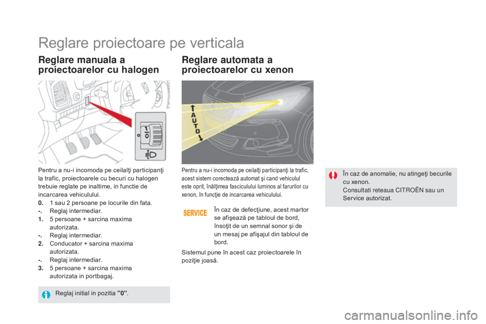 CITROEN DS5 HYBRID 2016 Ghiduri De Utilizare (in Romanian) DS5_ro_Chap05_visibilite_ed02-2015
Reglare manuala a
proiectoarelor cu halogenReglare automata a
proiectoarelor cu xenon
Pentru a nu-i incomoda pe ceilalţi participanţi
la trafic, proiectoarele c CITROEN DS5 HYBRID 2016 Ghiduri De Utilizare (in Romanian) DS5_ro_Chap05_visibilite_ed02-2015
Reglare manuala a
proiectoarelor cu halogenReglare automata a
proiectoarelor cu xenon
Pentru a nu-i incomoda pe ceilalţi participanţi
la trafic, proiectoarele c