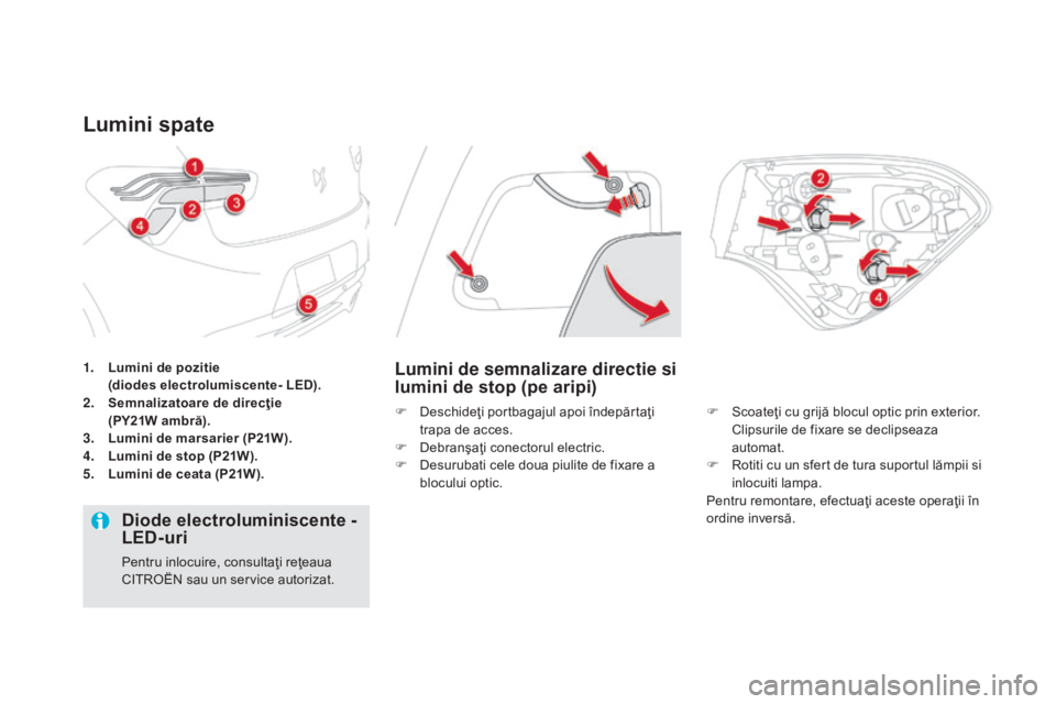 CITROEN DS5 HYBRID 2016 Ghiduri De Utilizare (in Romanian) DS5_ro_Chap08_info-pratiques_ed02-2015
1. Lumini de pozitie (di
odes electrolumiscente- LEd).
2. Se
mnalizatoare de direcţie
(PY21W ambră).
3.
Lu
mini de marsarier (P21W).
4.
Lu
mini de sto CITROEN DS5 HYBRID 2016 Ghiduri De Utilizare (in Romanian) DS5_ro_Chap08_info-pratiques_ed02-2015
1. Lumini de pozitie (di
odes electrolumiscente- LEd).
2. Se
mnalizatoare de direcţie
(PY21W ambră).
3.
Lu
mini de marsarier (P21W).
4.
Lu
mini de sto