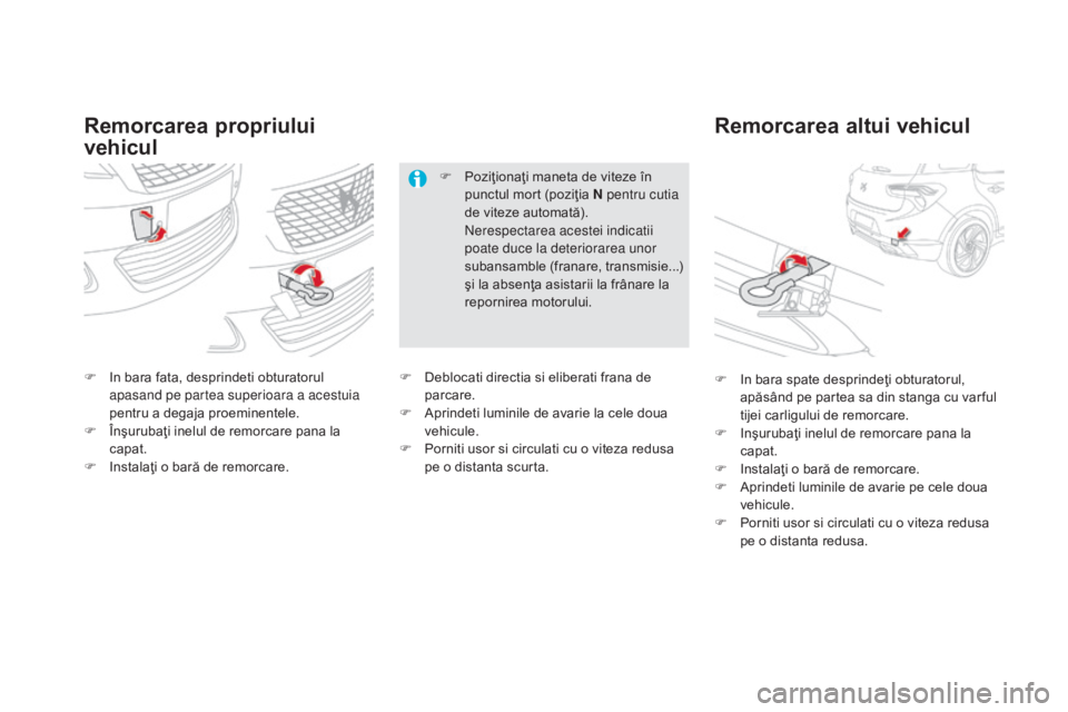 CITROEN DS5 HYBRID 2016  Ghiduri De Utilizare (in Romanian) DS5_ro_Chap08_info-pratiques_ed02-2015
Remorcarea propriului 
vehiculRemorcarea altui vehicul
F In bara fata, desprindeti obturatorul 
a
pasand pe partea superioara a acestuia 
pentru a degaja proemin