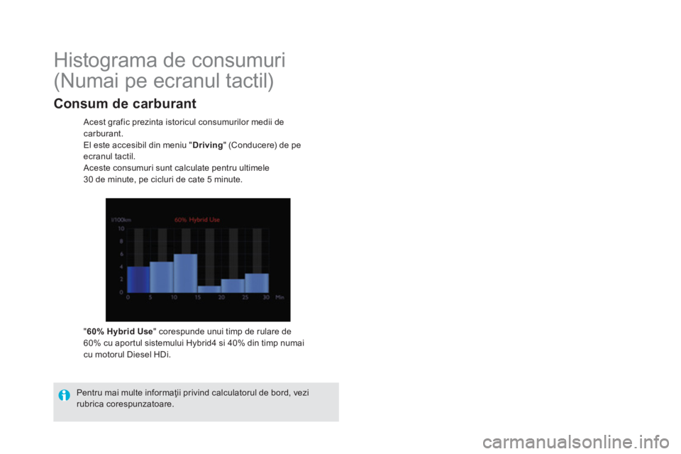 CITROEN DS5 HYBRID 2016 Ghiduri De Utilizare (in Romanian)
Histograma de consumuri
(Numai pe ecranul tactil)
Acest grafic prezinta istoricul consumurilor medii de
carburant.
El este accesibil din meniu " Driving
" (C CITROEN DS5 HYBRID 2016 Ghiduri De Utilizare (in Romanian)
Histograma de consumuri
(Numai pe ecranul tactil)
Acest grafic prezinta istoricul consumurilor medii de
carburant.
El este accesibil din meniu " Driving
" (C
