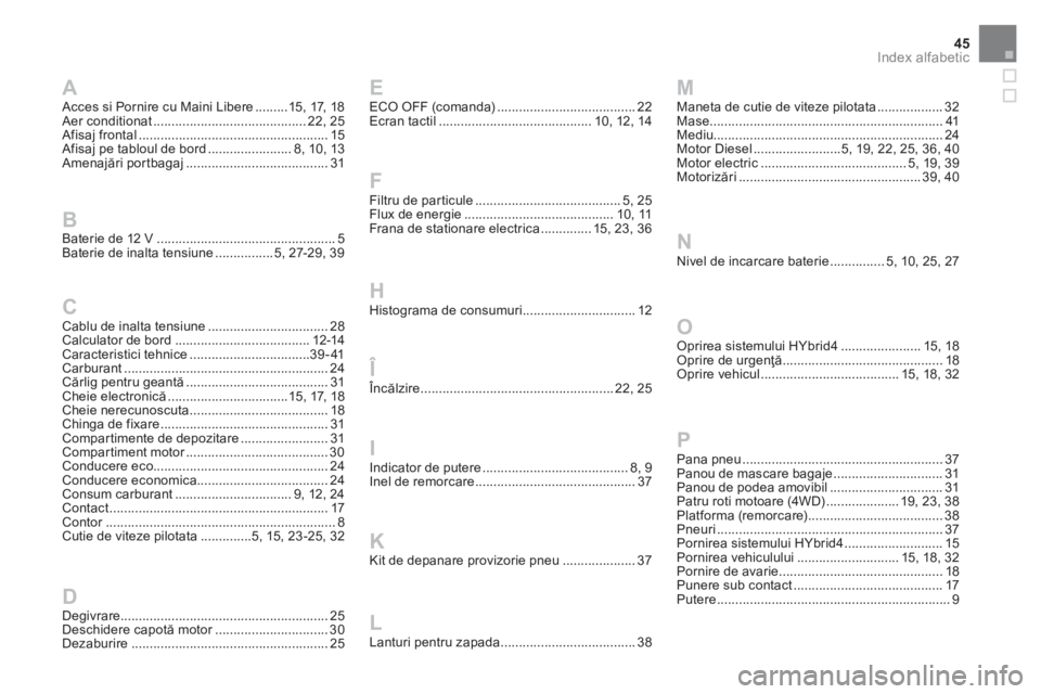 CITROEN DS5 HYBRID 2016  Ghiduri De Utilizare (in Romanian) 45Index alfabetic
Acces si Pornire cu Maini Libere .........15, 17, 18
Aer conditionat .......................................... 22, 25
Afisaj frontal ................................................
