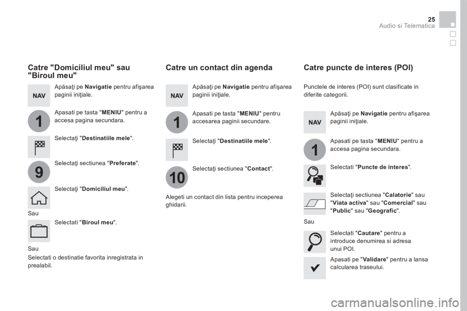 CITROEN DS5 HYBRID 2016 Ghiduri De Utilizare (in Romanian) 1
10
1
1
9
25 Audio si Telematica
Sau
Catre un contact din agenda
Selectaţi " Destinatiile mele " .
Selectaţi sectiunea " Contact " .
Apăsaţi pe Navigati CITROEN DS5 HYBRID 2016 Ghiduri De Utilizare (in Romanian) 1
10
1
1
9
25 Audio si Telematica
Sau
Catre un contact din agenda
Selectaţi " Destinatiile mele " .
Selectaţi sectiunea " Contact " .
Apăsaţi pe Navigati