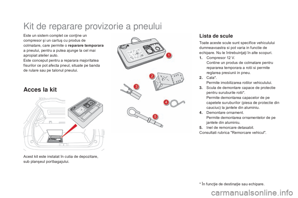 CITROEN DS5 HYBRID 2015 Ghiduri De Utilizare (in Romanian) DS5_ro_Chap08_info-pratiques_ed01-2015
Acest kit este instalat în cutia de depozitare,
sub planşeul portbagajului. Este un sistem complet ce conţine un
compresor şi un cartuş cu produs de
colm CITROEN DS5 HYBRID 2015 Ghiduri De Utilizare (in Romanian) DS5_ro_Chap08_info-pratiques_ed01-2015
Acest kit este instalat în cutia de depozitare,
sub planşeul portbagajului. Este un sistem complet ce conţine un
compresor şi un cartuş cu produs de
colm
