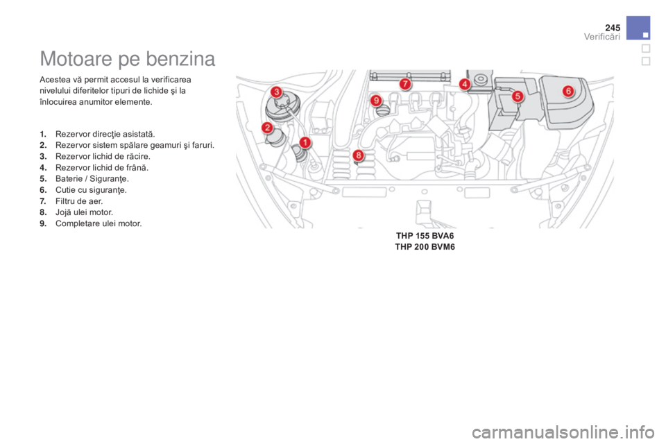 CITROEN DS5 HYBRID 2015 Ghiduri De Utilizare (in Romanian) 245
DS5_ro_Chap09_verifications_ed01-2015
Acestea vă permit accesul la verificarea
nivelului diferitelor tipuri de lichide şi la
înlocuirea anumitor elemente.
Motoare pe benzina
1. Rezervor direc CITROEN DS5 HYBRID 2015 Ghiduri De Utilizare (in Romanian) 245
DS5_ro_Chap09_verifications_ed01-2015
Acestea vă permit accesul la verificarea
nivelului diferitelor tipuri de lichide şi la
înlocuirea anumitor elemente.
Motoare pe benzina
1. Rezervor direc