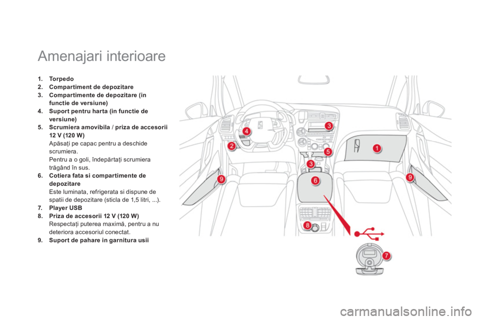 CITROEN DS5 HYBRID 2013  Ghiduri De Utilizare (in Romanian)    
 
 
 
 
 
 
 
 
 
 
 
 
 
 
 
 
 
 
 
Amenajari interioare 
1.Torpedo2.Compartiment de depozitare3.Compartimente de depozitare(in functie de versiune)4.Suport pentru harta (in functie de 
versiune