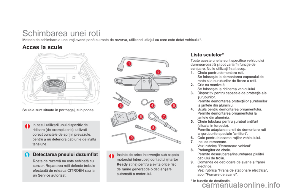 CITROEN DS5 HYBRID 2013  Ghiduri De Utilizare (in Romanian)    
 
 
 
 
 
 
 
 
 
 
 
 
 
Schimbarea unei roti Metoda de schimbare a unei roţi avand pană cu roata de rezer va, utilizand utilajul cu care este dotat vehiculul * 
. 
Sculele sunt situate în por