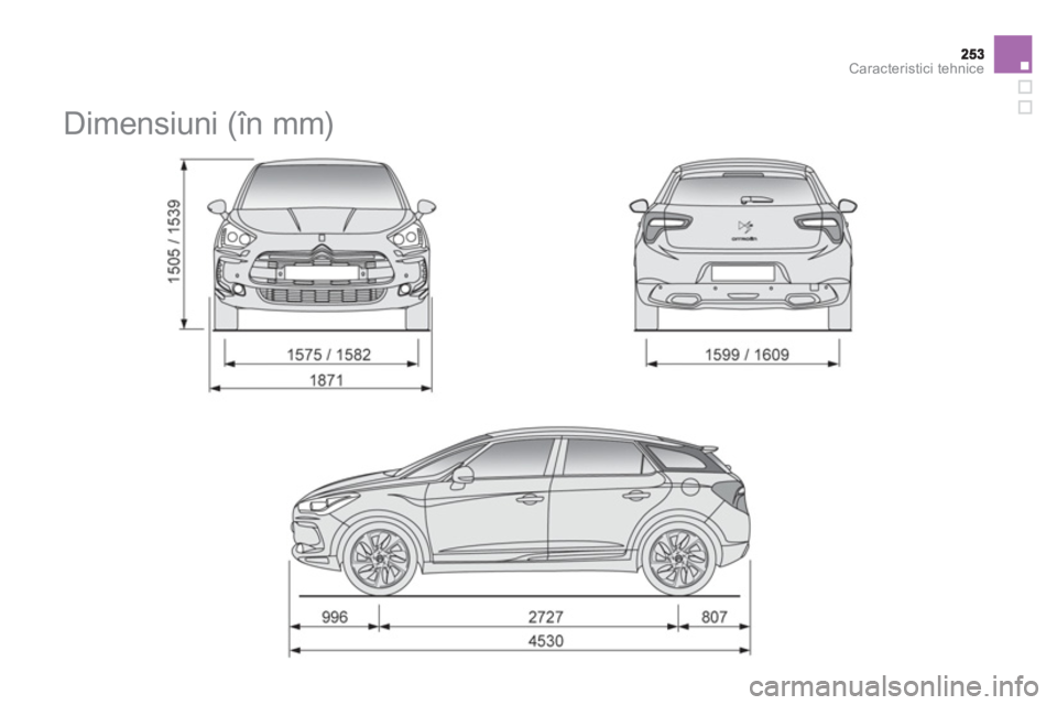 CITROEN DS5 HYBRID 2013  Ghiduri De Utilizare (in Romanian) Caracteristici tehnice
   
 
 
 
 
Dimensiuni (în mm)  