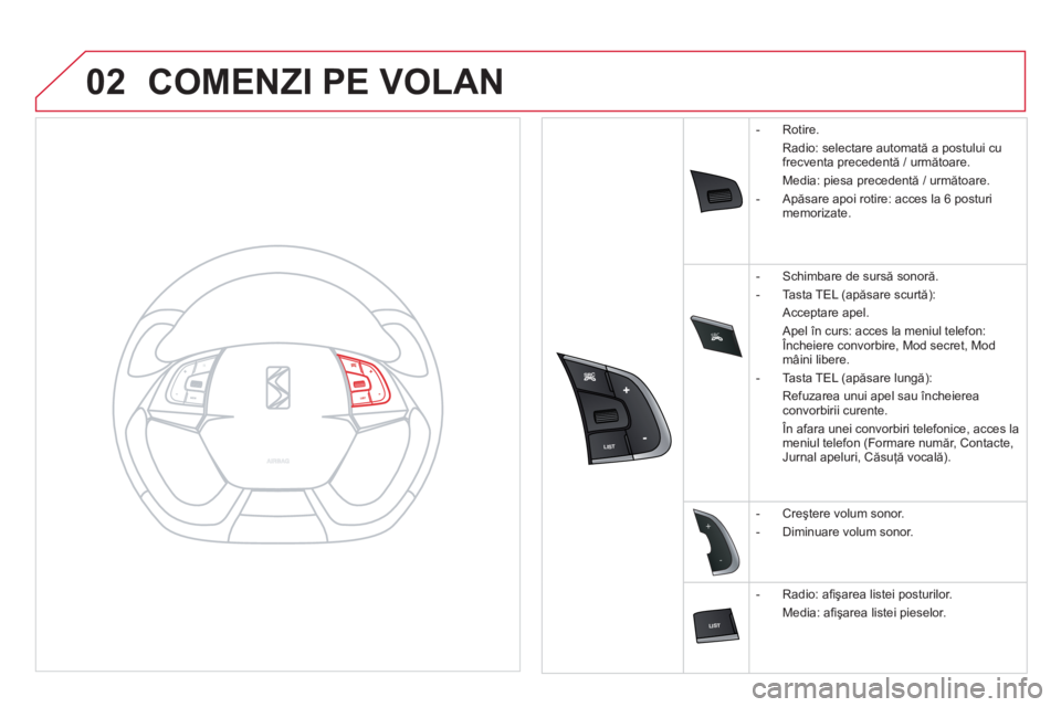 CITROEN DS5 HYBRID 2013 Ghiduri De Utilizare (in Romanian) SRC
02
-
+
COMENZI PE VOLAN
- Rotire.
Radio: selectare automată a postului cu
frecventa precedentă / următoare.
Media: piesa precedentă
/ u CITROEN DS5 HYBRID 2013 Ghiduri De Utilizare (in Romanian) SRC
02
-
+
COMENZI PE VOLAN
- Rotire.
Radio: selectare automată a postului cu
frecventa precedentă / următoare.
Media: piesa precedentă
/ u