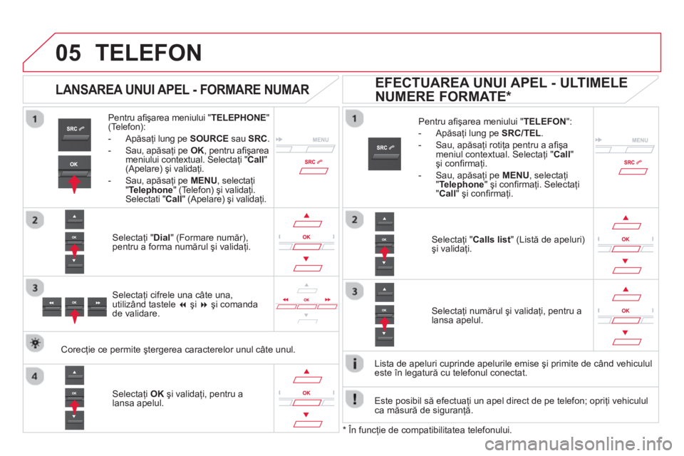 CITROEN DS5 HYBRID 2013  Ghiduri De Utilizare (in Romanian)  
  
05TELEFON 
Pentru aﬁ şarea meniului "TELEPHONE 
" (Telefon): 
-  Apăsa
ţi lung pe  SOURCEsau SRC.
-  Sau, apăsaţi pe  OK, 
 pentru aﬁ şareameniului contextual. Selectaţi " Call"(Apelar