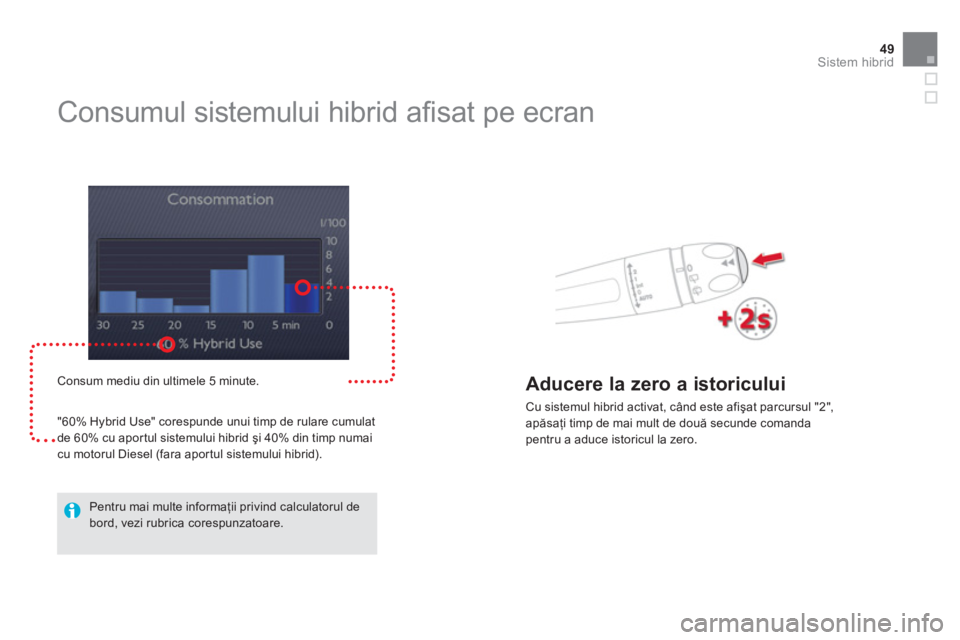 CITROEN DS5 HYBRID 2013  Ghiduri De Utilizare (in Romanian) 49Sistem hibrid
   
 
 
 
 
 
Consumul sistemului hibrid aﬁ sat pe ecran 
 
 Consum mediu din ultimele 5 minute.
  "60% H
ybrid Use" corespunde unui timp de rulare cumulat 
de 60% cu apor tul sistem