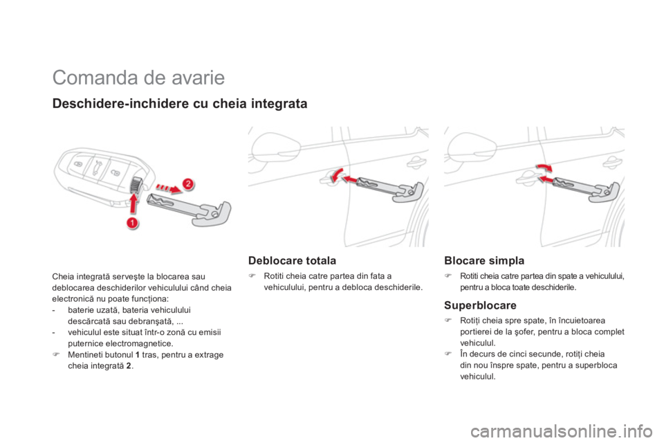 CITROEN DS5 HYBRID 2013  Ghiduri De Utilizare (in Romanian)    
 
 
 
 
Comanda de avarie 
Deschidere-inchidere cu cheia integrata
Cheia integrată serveşte la blocarea saudeblocarea deschiderilor vehiculului când cheiaelectronică nu poate funcţiona:
-  ba