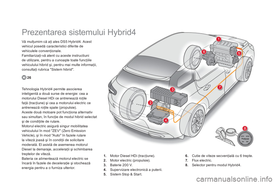 CITROEN DS5 HYBRID 2013  Ghiduri De Utilizare (in Romanian)    
 
 
 
 
 
 
 
Prezentarea sistemului Hybrid4  
Vă mulţumim că aţi ales DS5 Hybrid4. Acest 
vehicul posedă caracteristici diferite de 
vehiculele convenţionale. 
Familiarizaţi-vă atent cu a