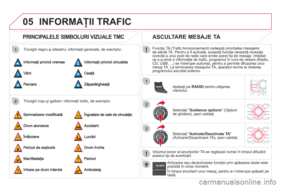 CITROEN DS5 HYBRID 2012 Ghiduri De Utilizare (in Romanian) 05
2 1
1
2
3
INFORMAŢII TRAFIC
PRINCIPALELE SIMBOLURI VIZUALE TMC
Triunghi roşu şi galben: informaţii trafi c, de exemplu:
Triunghi negru şi albastru: informa
ţii genera CITROEN DS5 HYBRID 2012 Ghiduri De Utilizare (in Romanian) 05
2 1
1
2
3
INFORMAŢII TRAFIC
PRINCIPALELE SIMBOLURI VIZUALE TMC
Triunghi roşu şi galben: informaţii trafi c, de exemplu:
Triunghi negru şi albastru: informa
ţii genera