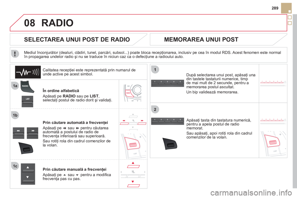 CITROEN DS5 HYBRID 2012  Ghiduri De Utilizare (in Romanian) 08
1a
1b
1c
1
2
289
RADIO 
   În ordine alfabetică
  Apăsa
ţi pe RADIO 
 sau pe LIST, 
 
selectaţi postul de radio dorit şi validaţi.  
Prin căutare automată a frecvenţei 
  Apăsa
ţi pe �