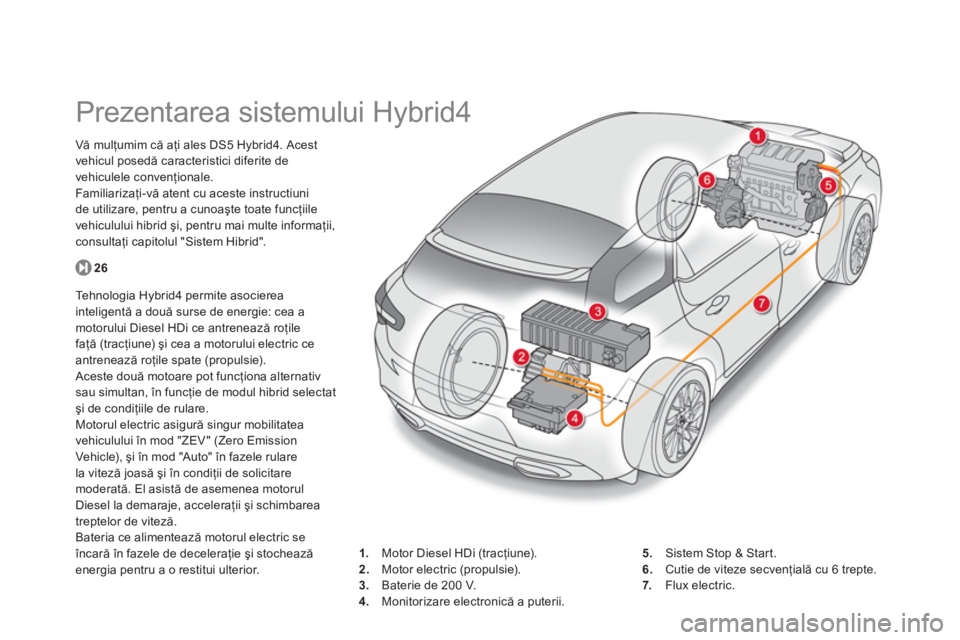 CITROEN DS5 HYBRID 2012  Ghiduri De Utilizare (in Romanian)    
 
 
 
 
 
 
 
Prezentarea sistemului Hybrid4  
Vă mulţumim că aţi ales DS5 Hybrid4. Acest 
vehicul posedă caracteristici diferite de 
vehiculele convenţionale. 
Familiarizaţi-vă atent cu a