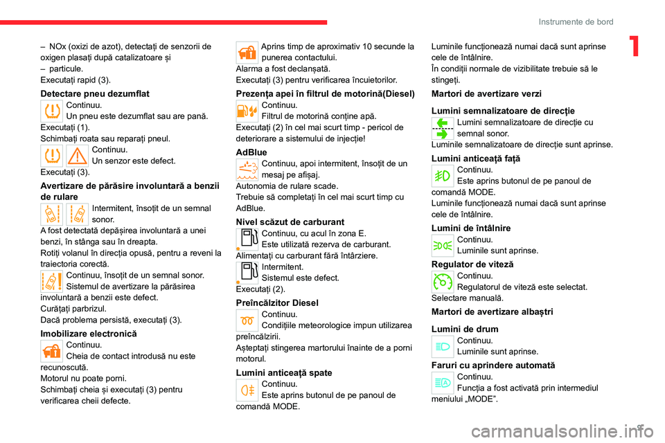 CITROEN JUMPER 2020  Ghiduri De Utilizare (in Romanian) 9
Instrumente de bord
1– NOx (oxizi de azot), detectați de senzorii de oxigen plasați după catalizatoare și– particule.Executați rapid (3).
Detectare pneu dezumflatContinuu.Un pneu este dezum
