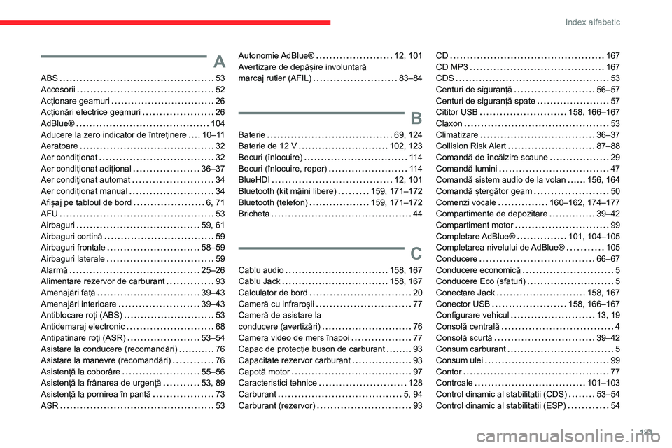 CITROEN JUMPER 2020 Ghiduri De Utilizare (in Romanian) 181
Index alfabetic
A
ABS 53Accesorii 52Acționare geamuri 26Acționări electrice geamuri 26AdBlue® 104Aducere la zero indicator de întreţinere 10–11Aeratoare 32
Aer condiționat CITROEN JUMPER 2020 Ghiduri De Utilizare (in Romanian) 181
Index alfabetic
A
ABS 53Accesorii 52Acționare geamuri 26Acționări electrice geamuri 26AdBlue® 104Aducere la zero indicator de întreţinere 10–11Aeratoare 32
Aer condiționat