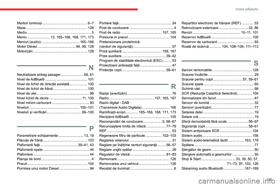 CITROEN JUMPER 2020  Ghiduri De Utilizare (in Romanian) 183
Index alfabetic
Martori luminoși   6–7Mase   128Mediu   5Meniu   13, 165–166, 168, 171, 173Meniuri (audio)   165–166Motor Diesel   94, 99, 128Motorizări   128
N
Neutralizare airbag pasager