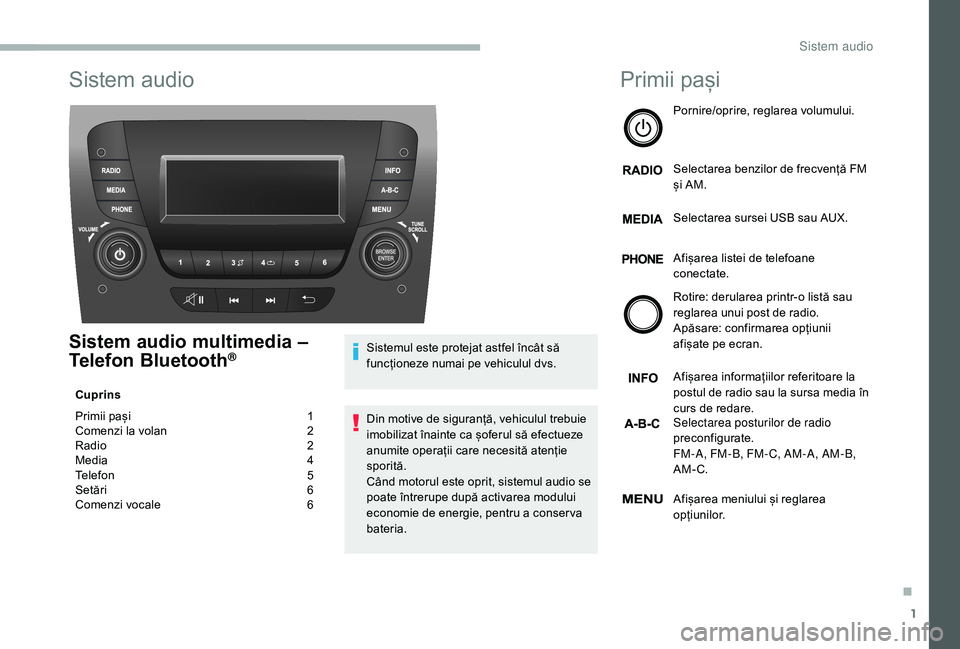 CITROEN JUMPER 2019 Ghiduri De Utilizare (in Romanian) 1
Sistem audio
Sistem audio multimedia –
Telefon Bluetooth®
Cuprins
Primii pași
1
C
omenzi la volan
2
R
adio
2
M
edia
4
T
elefon
5
S
etări
6
C
omenzi vocale
6S
istemul CITROEN JUMPER 2019 Ghiduri De Utilizare (in Romanian) 1
Sistem audio
Sistem audio multimedia –
Telefon Bluetooth®
Cuprins
Primii pași
1
C
omenzi la volan
2
R
adio
2
M
edia
4
T
elefon
5
S
etări
6
C
omenzi vocale
6S
istemul