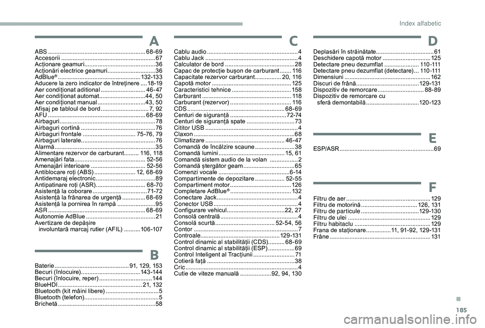 CITROEN JUMPER 2019  Ghiduri De Utilizare (in Romanian) 185
ABS ...........................................................68-69
Accesorii ............... .......................................... 67
Acționare geamuri ....................................