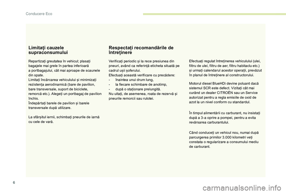 CITROEN JUMPER 2019 Ghiduri De Utilizare (in Romanian) 6
Limitați cauzele
supraconsumului
Repartizați greutatea în vehicul; plasați
bagajele mai grele în partea inferioară
a portbagajului, cât mai aproape de scaunele
din spate.
LimitaÈ›i încÄ CITROEN JUMPER 2019 Ghiduri De Utilizare (in Romanian) 6
Limitați cauzele
supraconsumului
Repartizați greutatea în vehicul; plasați
bagajele mai grele în partea inferioară
a portbagajului, cât mai aproape de scaunele
din spate.
LimitaÈ›i încÄ
