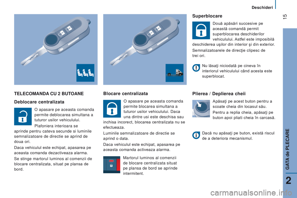 CITROEN JUMPER 2017  Ghiduri De Utilizare (in Romanian)  15
deschideri
Jumper_ro_Chap02_Pret-a-Partir_ed01-2016
teLecoMAndA cu 2 B uto A ne
d

eblocare centralizata
o apasare pe aceasta comanda 
permite deblocarea simultana a  
tuturor usilor vehiculului.
