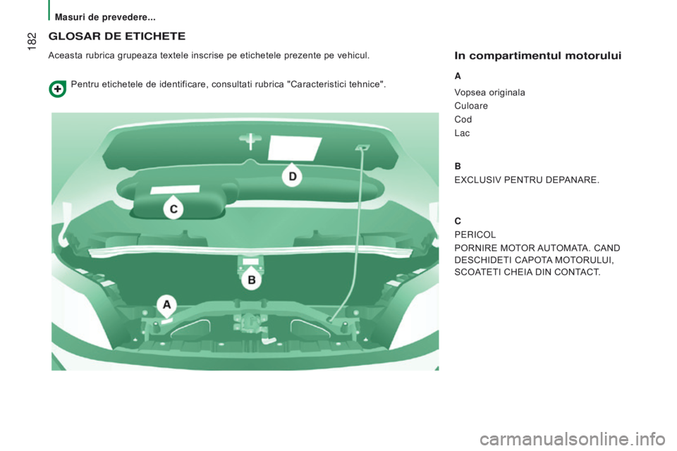 CITROEN JUMPER 2017  Ghiduri De Utilizare (in Romanian)  182
Jumper_ro_Chap08_Aide-rapide_ed01-2016
GLoSAr de etIcHete
Aceasta rubrica grupeaza textele inscrise pe etichetele prezente pe vehicul.In compartimentul motorului
A
Vopsea originala
Culoare
Cod
La